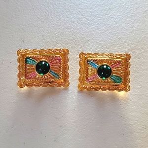 Vintage Rectangle Aqua Stone Gold-tone Clip  Earrings Signed Two Sisters